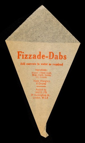 Fizzade-Dabs : add contents to water as required : ingredients: sugar, citric acid, mag. carb. levis, ol. limon... / packed by Jasco Ltd.