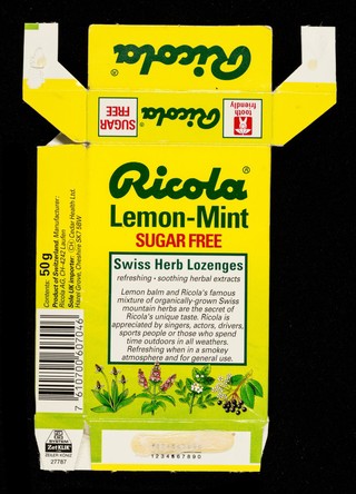 Ricola lemon-mint : sugar free, refreshing, soothing, herbal extracts : Swiss herb lozenges / manufacturer: Ricola AG ; UK importer: Cedar Health Ltd.