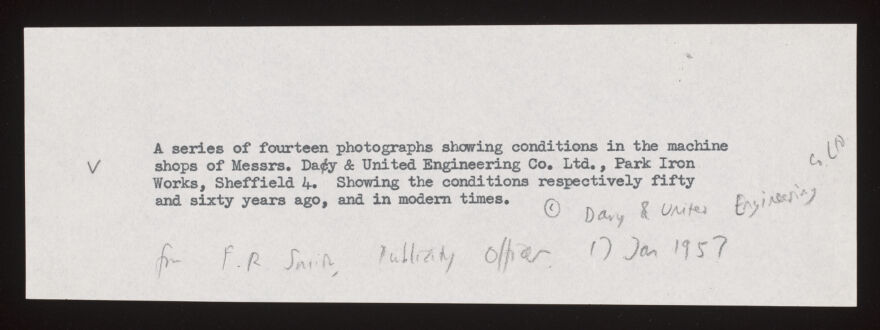 Engineering works pattern machine shop, Davy & United Engineering Co. Ltd., Park Iron Works, Sheffield: men are shown working at large machines. Photograph, 1957.