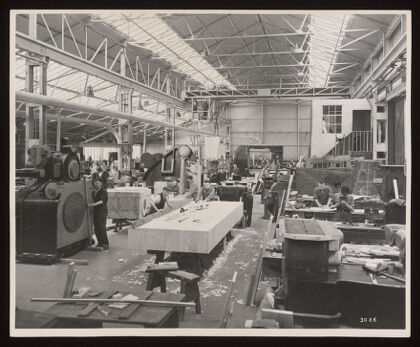 Engineering works pattern machine shop, Davy & United Engineering Co. Ltd., Park Iron Works, Sheffield: men are shown working at large machines. Photograph, 1957.