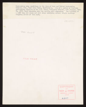 Heavy erecting work for rolling mill engraving, Davy & United Engineering Co. Ltd., Park Iron Works, Sheffield: men are shown operating heavy machinery. Photograph, 1957.
