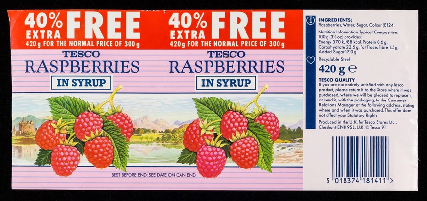 Raspberries in syrup / Tesco Stores Ltd.