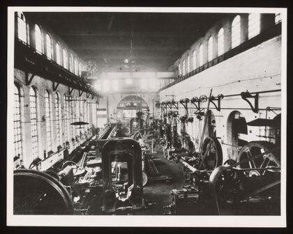 Heavy erecting shop, Davy & United Engineering Co. Ltd., Park Iron Works, Sheffield. Reproduction, 1957, of a photograph of ca. 1880.