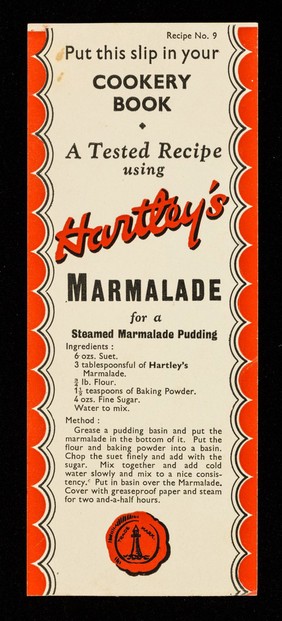 Put this slip in your cookery book : a tested recipe using Hartley's marmalade for a steamed marmalade pudding.