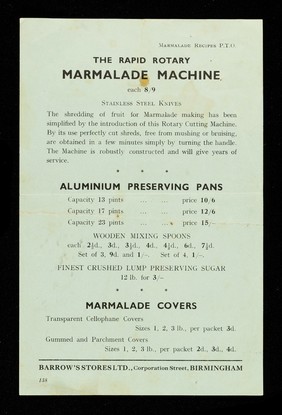 The rapid rotary marmalade machine... : Barrow's recipes for good marmalade / Barrow's Stores Ltd.