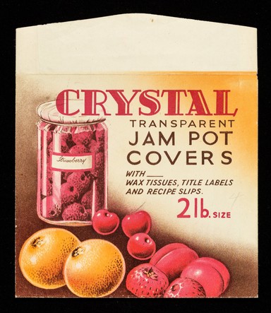 Crystal transparent jam pot covers with wax tissues, title labels and recipe slips : 2 lb. size.