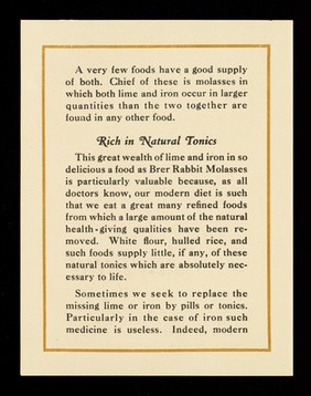 This is why Brer Rabbit Molasses, nature's own sugar sweet, is healthful... / Penick & Ford, Ltd., Inc.