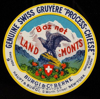 Genuine Swiss gruyère "process-cheese" : made in Switzerland : 6 portions : 8 oz net : Land o'Monts / Burgi & Co. ; distributors Haupt & Burgi.