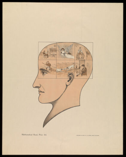 A head divided in two, the left half describing activities numbered 1 to 42. Lithograph by Frank Ellis, 1901.