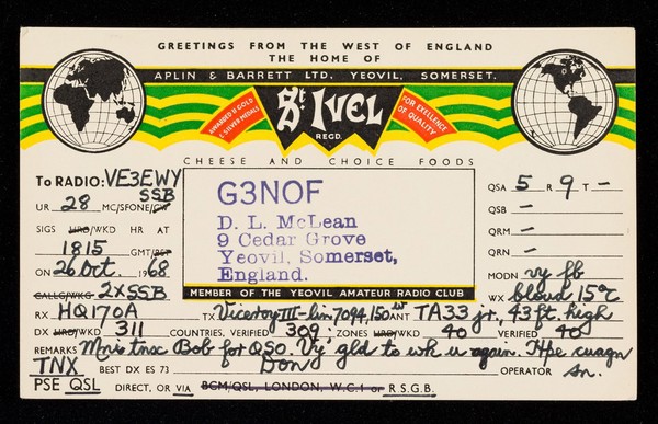 Greetings from the west of England, the home of Aplin & Barrett Ltd., Yeovil, Somerset : St. Ivel cheese and choice foods... : member of the Yeovil Amateur Radio Club.