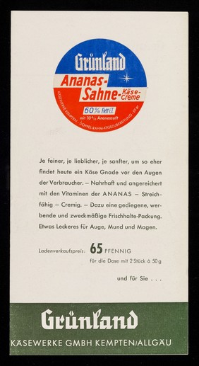 Grünland Ananas-Sahne-Käse-Creme : 60% Fett i.T. mit 10% Ananassaft / Allgäuer Käsewerke.