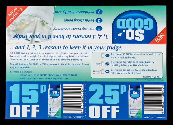 New So Good : 1, 2, 3, reasons to have it in your fridge : 1. actively lowers cholesterol, 2. builds strong bones, 3. maintains a healthy heart : 2 coupons inside / [So Good International Ltd.].