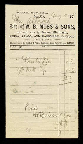 Bot. of W. B. Moss & Sons : grocers and provision merchants, china, glass and hardware factors : wholesale stores, tea blending & packing warehouse, bacon curing factory, Portmill.