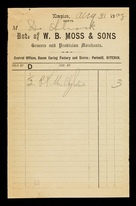 Bot. of W. B. Moss & Sons : grocers and provision merchants : central offices, bacon curing factory and stores: Portmill, Hitchin.