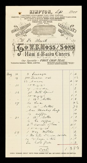 To W. B. Moss & Sons : ham and bacon curers : our speciality: first crop teas.