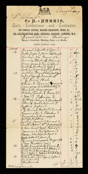 To H. Harris : cook, confectioner and contractor : for dinners, suppers, wedding breakfasts, wine, &c. : 126 Southampton Row, Russell Square, London, W.C. : Harris's celebrated wedding cakes a la strata.