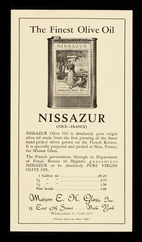 An appropriate Christmas gift : a gracefully arranged basket of fancy delicacies- nuts, candies, caviar, brandied fruits- or whatever selection you prefer... : the finest olive oil : Nissazur / Maison E.H. Glass, Inc.