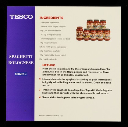 Spaghetti bolognese : Ragú pasta sauce : main course / Tesco.