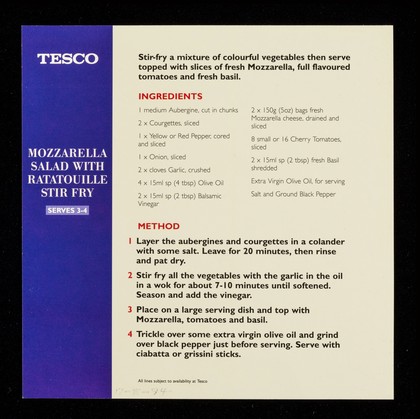 Mozzarella salad with ratouille stir fry : a taste of Italy : main course / Tesco.