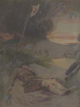 World War I: a Scottish soldier, wearing the kilt, lying wounded on a battlefield. Oil painting by Ernest Board, ca. 1916/1918.