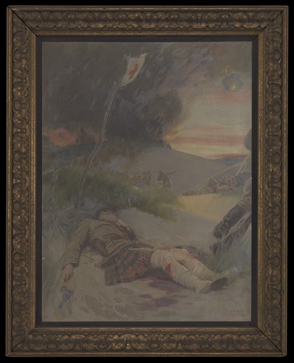 World War I: a Scottish soldier, wearing the kilt, lying wounded on a battlefield. Oil painting by Ernest Board, ca. 1916/1918.