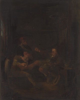 A surgeon treating a man's foot. Oil painting after a composition ascribed to Johannes Lingelbach.