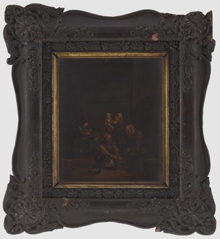 A surgeon attending to a man's foot, and three other figures. Oil painting by a follower of David Teniers the younger.