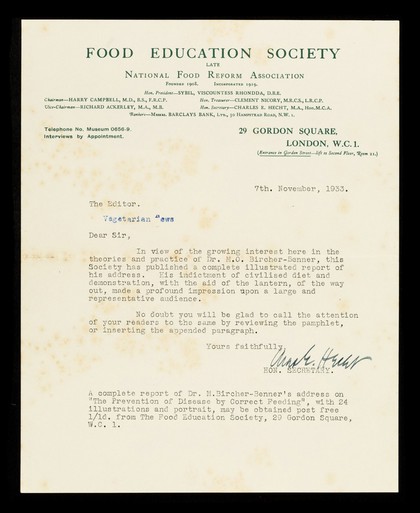 Food Education Society, late National Food Reform Association : founded 1908 : incorporated 1919... 29 Gordon Square, London, W.C.1.