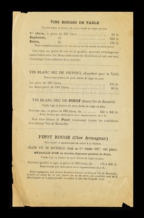 Du 1er octobre 1897 au 1er octobre 1898 : spécialité de vins de Banyuls pour la pharmacie : vins rouges de table et de bouteille : pureté et fermentation garanties / Maison J. Monich Ainé.