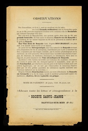 Vignerons réunis : Société Sainte-Jeanne : Banyuls-sur-Mer, le 1er novembre 1902.