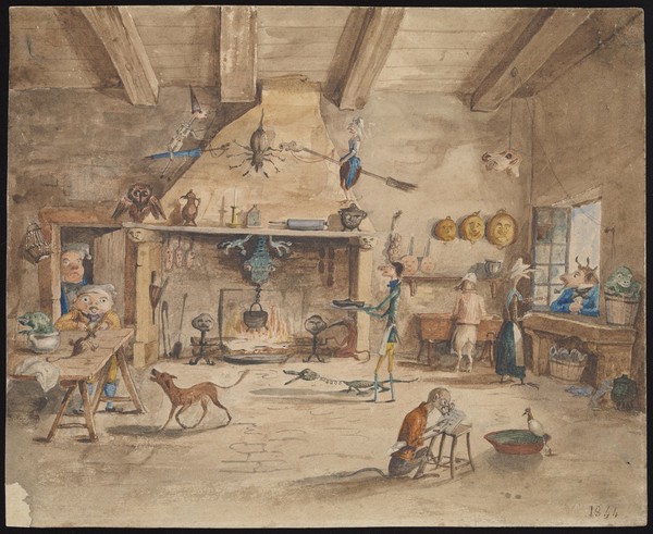 A room with hallucinatory beings and weird furnishings. Watercolour by Auguste Laurent, 1844.