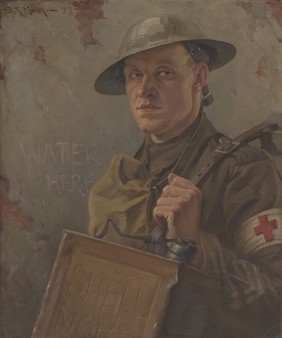 World War I: an R.A.M.C. bearer supplying water to the front line. Oil painting by H.R. Mackey.