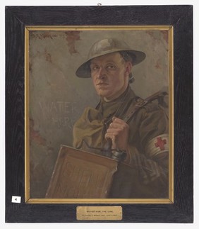 World War I: an R.A.M.C. bearer supplying water to the front line. Oil painting by H.R. Mackey.