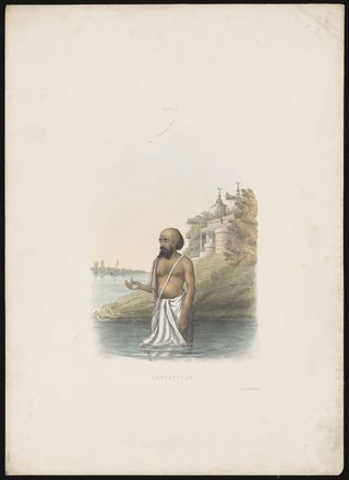 A Brahmin performing a bathing ritual in the Ganges. Coloured lithograph, 1851.
