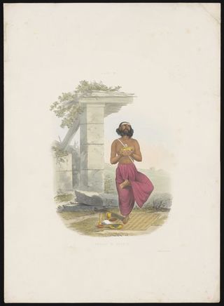A Brahmin praying to the Sun-god. Coloured lithograph, 1851.
