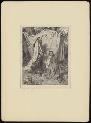 A witch scattering leaves or plant-seeds into a bowl to make up a love-philtre. Lithograph by Gavarni, 1835.