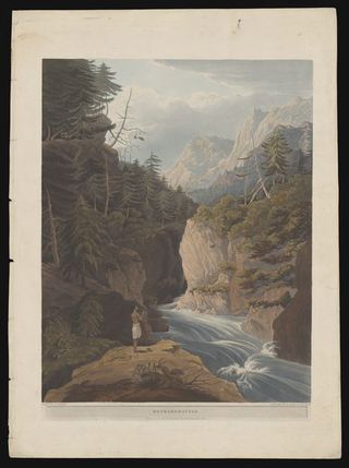 "Bhyramghattee": a man praying on the bank of a river. Aquatint by R. Havell, 1820, after J.B. Fraser.