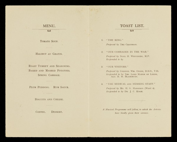 Annual dinner to the wounded and disabled patients from the ministry of Pensions' Hospital, Chapel Allerton, Leeds, on Wednesday, 18th January, 1933, at the Leeds & County Conservative Club, South Parade, Leeds / The Wounded Warriors Welfare Committee, Leeds.