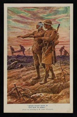 "When night sets in the sun is down" : from the painting by R. Caton Woodville : post card / National Institute for the Blind.
