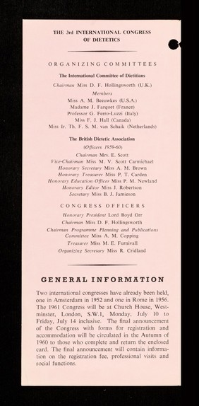 Preliminary programme : 3rd International Congress of Dietetics... : 1961, London, England, July 10-14 / organized by the International Committee of Dieticians and the British Dietetic Association.