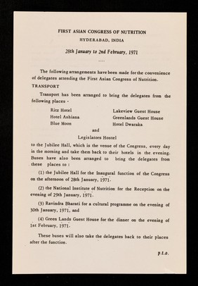 First Asian Congress of Nutrition, Hyderabad, India : 28th January to 2nd February, 1971.