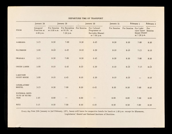 First Asian Congress of Nutrition, Hyderabad, India : 28th January to 2nd February, 1971 : Transport schedule.