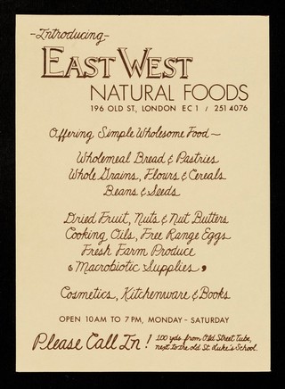 Introducing East West Natural Foods : 196 Old Street, London EC1 : offering simple wholesome food.
