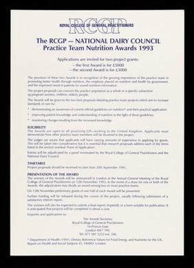 The RCGP-National Dairy Council practice team nutrition awards 1993 : applications are invited for two project grants... / Royal College of General Practitioners, National Dairy Council.