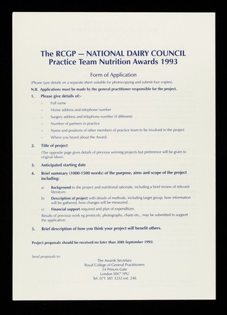 The RCGP-National Dairy Council practice team nutrition awards 1993 : applications are invited for two project grants... / Royal College of General Practitioners, National Dairy Council.