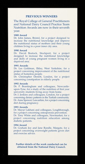 1995 practice team nutrition award / Royal College of General Practitioners, National Dairy Council.