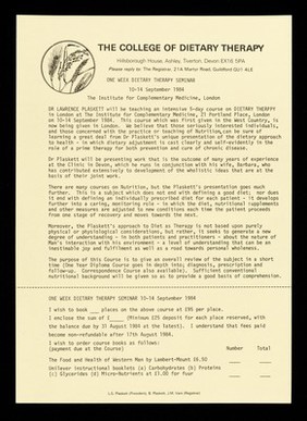 One week dietary therapy seminar : 10-14 September 1984 : The Institute for Complementary Medicine, London / L.G. Plaskett (president).