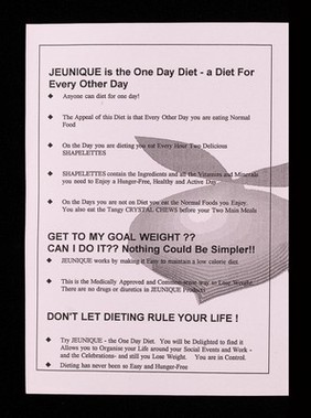 Jeunique : the one day diet : the diet for every other day : do you want to lose weight? gain financial independence? Or both? : we can show you how / FeelFine Associates.