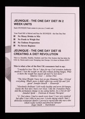 Jeunique : the one day diet : the diet for every other day : do you want to lose weight? gain financial independence? Or both? : we can show you how / FeelFine Associates.