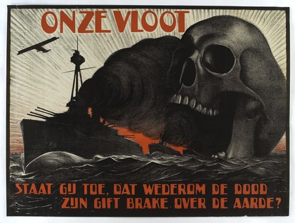 A gigantic human skull, representing death, spewing out poison in the form of warships armed with poison gas. Colour lithograph, 192-.